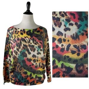 FREE FOR HUMANITY Cheetah Rainbow SWEATER M Dolman Colorful Animal Abstract Art